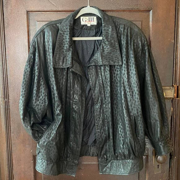 Vintage G-III 80s Black Leather Leopard Bomber Jacket M - Picture 1 of 7